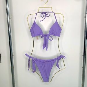Purple side tie bikini.